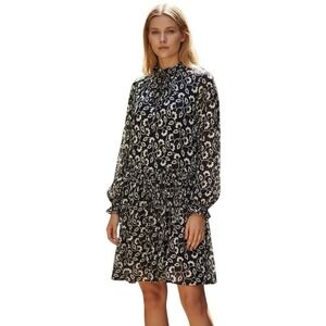 Boden Womens Black‎ White Floral Dress Size 12R Long Sleeve Ruffle Neck Boho